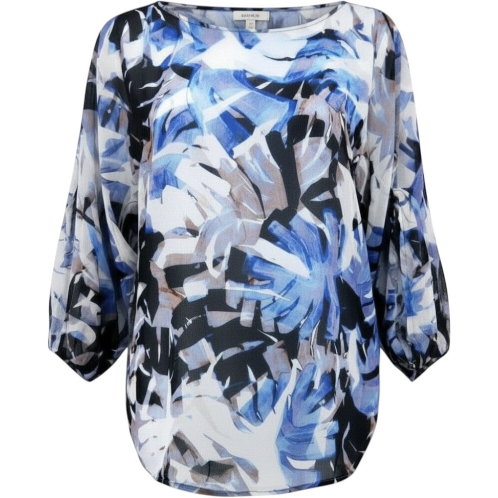 Robert Graham Silk Blouse Womens XS Blue Abstract Palm Print 3/4 Tie Sleeve Top